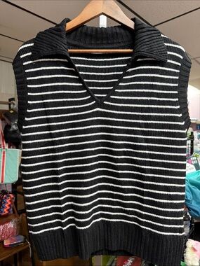 Men's Black and White Striped V-Neck Sweater Vest